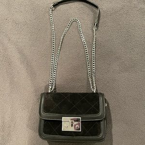 Black leather/velvet, silver chain, crossbody handbag